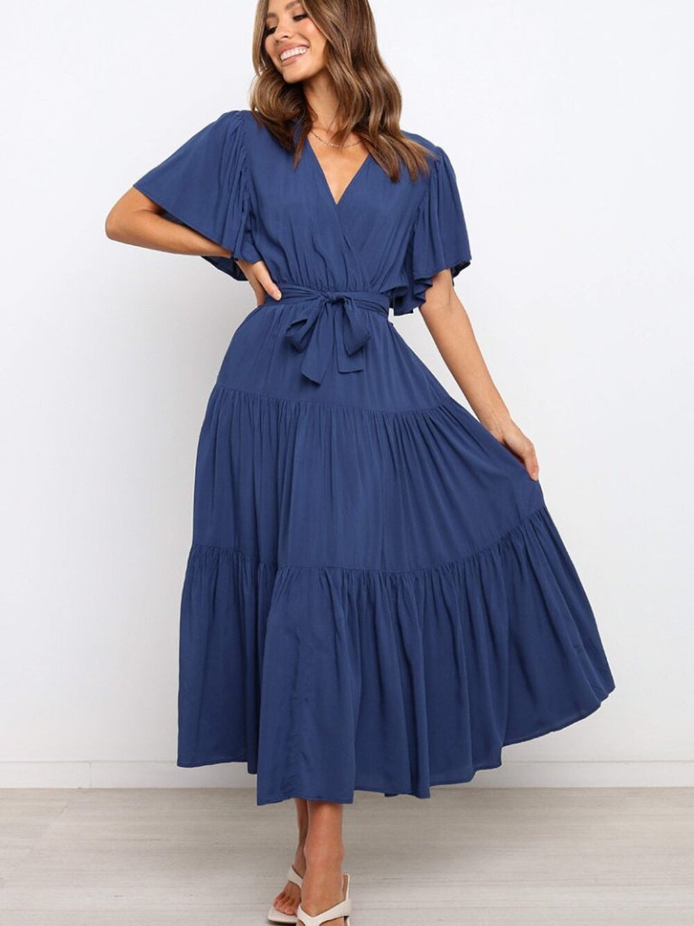 Flutter Sleeve Wrap Midi Dress Blue Size M Tiered A-Line Sun Dress